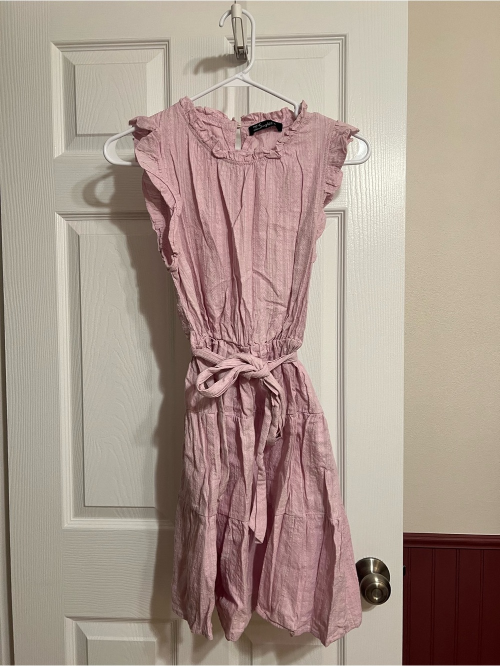 Sleeveless Ruffled Neck Pink Tie-Waist Dress